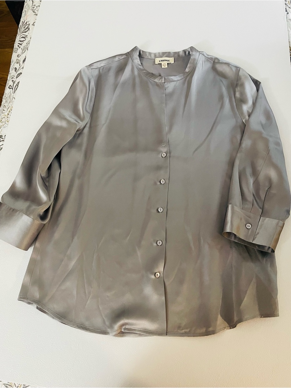 L'AGENCE Silver Gray Silk Button-Down Blouse